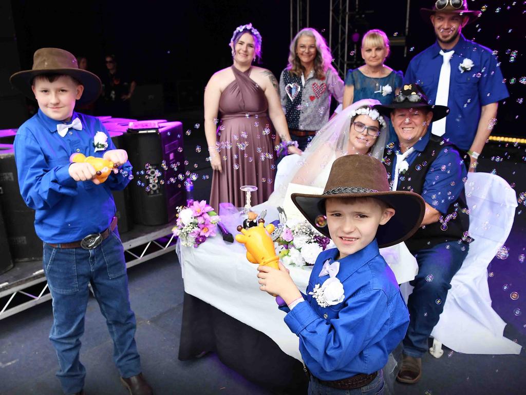 Simone Ward and Geoffrey Borninkhof, were married on The Hill Stage at Gympie Music Muster. Picture: Patrick Woods.