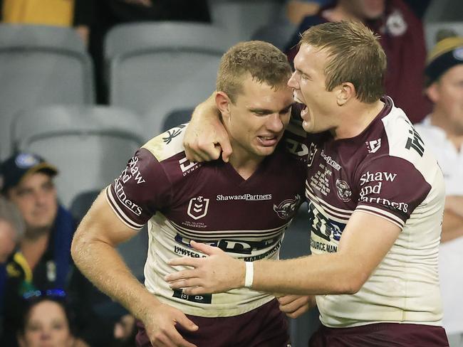 The Sea Eagles are expected to rest Tom (L) and reduce the workload of Jake Trbojevic on their return from Origin. Picture: Mark Evans/Getty Images