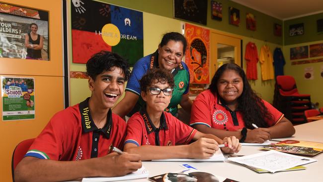 Hymba Yumba Community Hub students Daedae Jones, Carlin Renouf and Pheona Combo with Miss Erin McDonald.