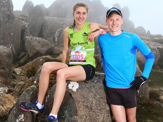 Winners of the men's and women's run event L-R Virginia Moloney 24 of Garvoc Victoria and Dylan Evans 21 of Launceston who were both first time runners in the event. Point to Pinnacle run and walk from Wrestpoint Casino to the top of Mount Wellington.