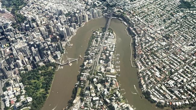 MAROON MOMENT: An aerial view of Brisbane on a Saturday morning. Picture: Tara Croser.