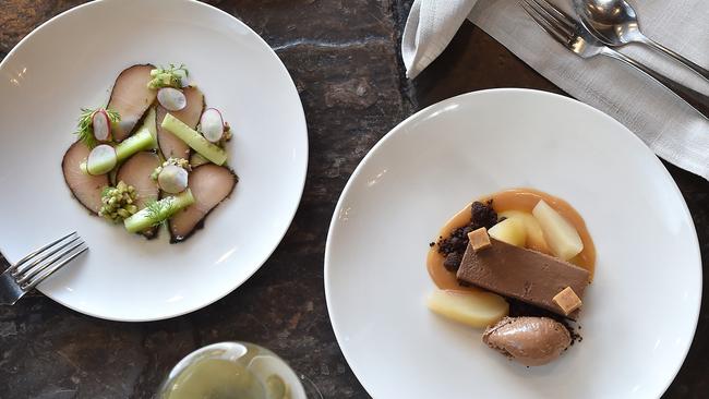 Cured Yellowtail Kingfish, cucumber, avocado, ginger beer jelly and Chocolate Torte, pear, peanut ice-cream. Picture: Nicki Connolly.