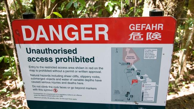 Josephine Falls has warning signs advising access to the top pool is prohibited. Picture: Supplied.