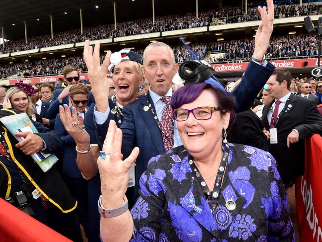 Part-owners Peter Tighe and Debbie Kepitis after Winx’s amazing feat. Picture: Jay Town