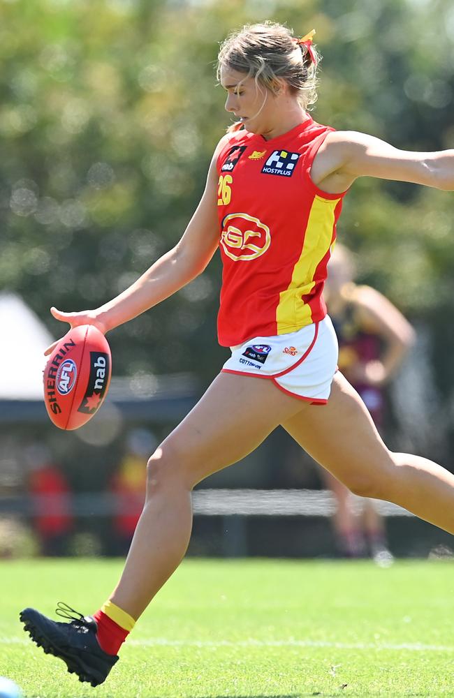 Havana Harris of the Suns kicks a goal (Photo by Albert Perez/AFL Photos via Getty Images)