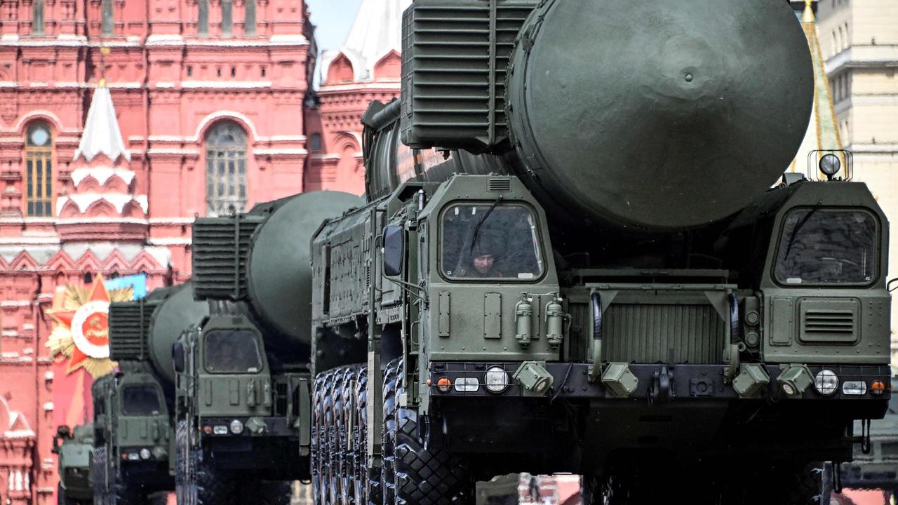 Ballistic missiles being driven through the streets of Moscow as part of last year’s parade. Picture: Alexander Nemenov/AFP