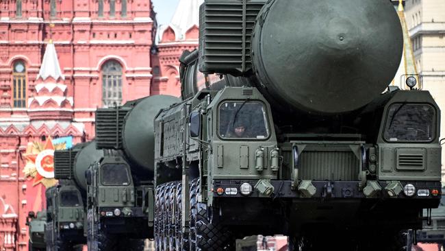 Ballistic missiles being driven through the streets of Moscow as part of last year’s parade. Picture: Alexander Nemenov/AFP