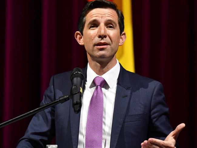 Federal Minister for Education Simon Birmingham speaks at a Catholic Schools Parents Forum at Saint Columban's College in Caboolture, 44 km northwest of Brisbane, Tuesday, July 24, 2018. (AAP Image/Mick Tsikas) NO ARCHIVING