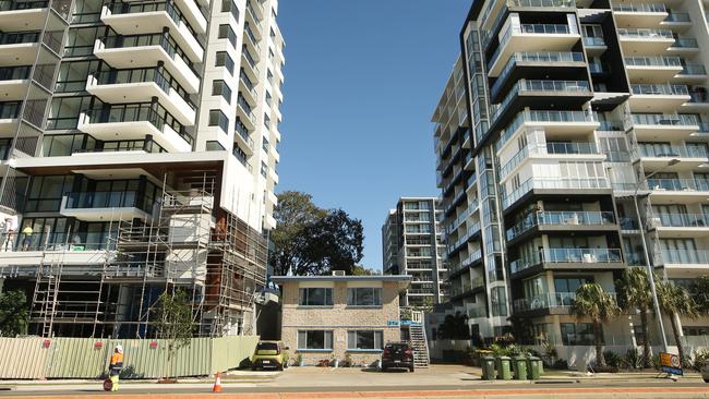 Doug’s apartment is nestled between two highrises. Picture: Glenn Hampson