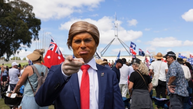 A demonstrator dressed as Donald Trump in Canberra. Picture: Brook Mitchell/Getty Images