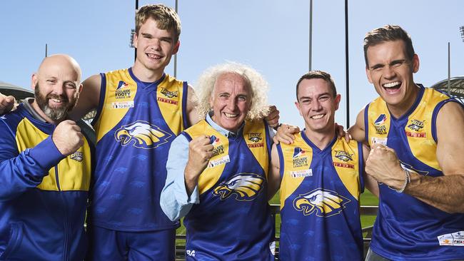 Elizabeth Eagles football director, Tim Young with players, Julian Pontifex, club legend, John Platten, Sam Harrison and Nova and Channel 7 personality, Andrew Hayes who played for the Eagles two weeks ago. Picture: Matt Loxton