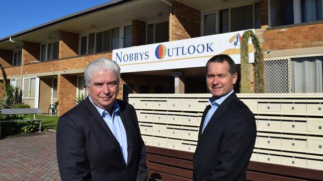 Darrell Irwin and Geoff Lamb, of Colliers International, pictured outside of the Nobbys Outlook resort in Miami