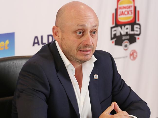 NBL Owner and Executive Chairman Larry Kestelman during a press conference in Melbourne, Thursday, March 19, 2020. (AAP Image/David Crosling) NO ARCHIVING