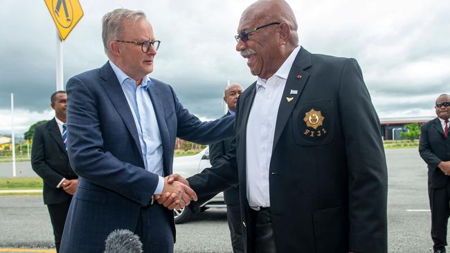 Fiji Prime Minister Sitiveni Rabuka (right) shakes hands with Australian Prime Minister Anthony Albanese. Picture: Leon Lord/AFP