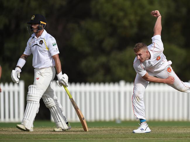 Kookaburra Cup cricket - Southport Labrador vs. Runaway Bay at Morrie Glasman Oval in Arundel. Matt Madeley bowling for Runaway Bay. Picture: Lawrence Pinder