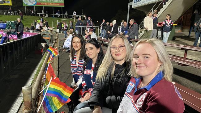 (L-R) Ella Moroney, Tessa Moroney, Emily Snape &amp; Jorja Boyd show their support for the Manly pride jersey.