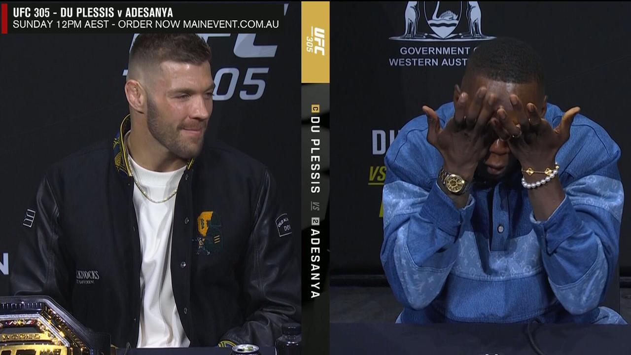 Israel Adesanya in tears during UFC Perth presser