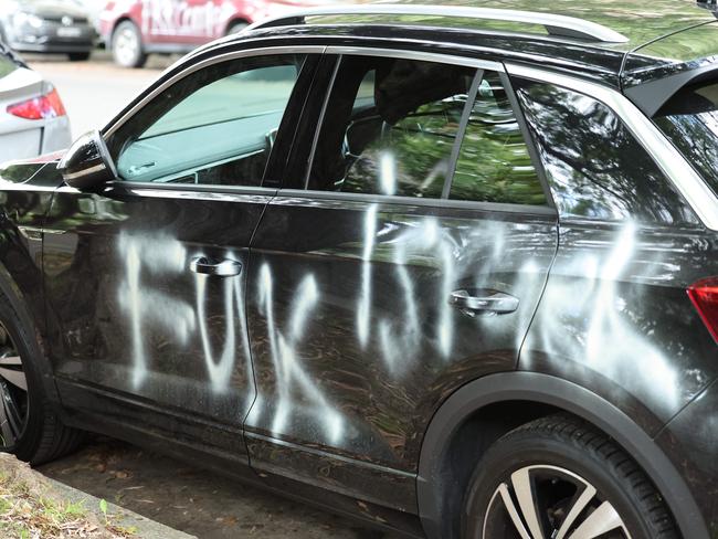 The graffiti sprayed on cars and buildings had anti-Israel sentiments. . Picture: Tim Hunter.