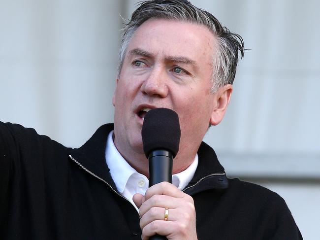 AFL Pies supporters day.  Collingwood president Eddie McGuire addresses the faithful at Olympic Park today  . Pic: Michael Klein