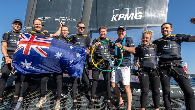 The Australian team celebrating their Sydney win. Picture: Supplied/SailGP