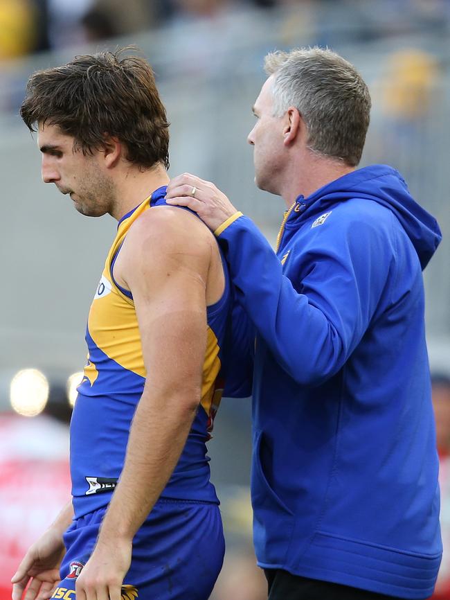 Eagles coach Adam Simpson supports Andrew Gaff after his whack on Andrew Brayshaw. Picture: Paul Kane/Getty Images)