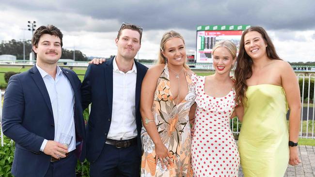 John Gelling, Jack Davies, Tigerlily Livingston, Bridget Ducan and Steivy Temoan at the Noosa Cup Race Day. Picture: Patrick Woods.