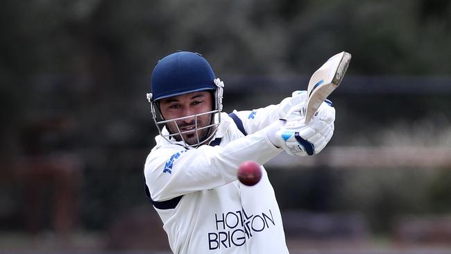 R Damiano of Brighton drives for four during the Sub District cricket match between Brighton and Moorabbin played at Brighton Beach Oval on Saturday 26th October, 2019.