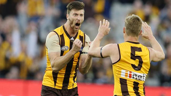 Jack Fitzpatrick celebrates his match-winning goal against Collingwood. Picture: Michael Klein