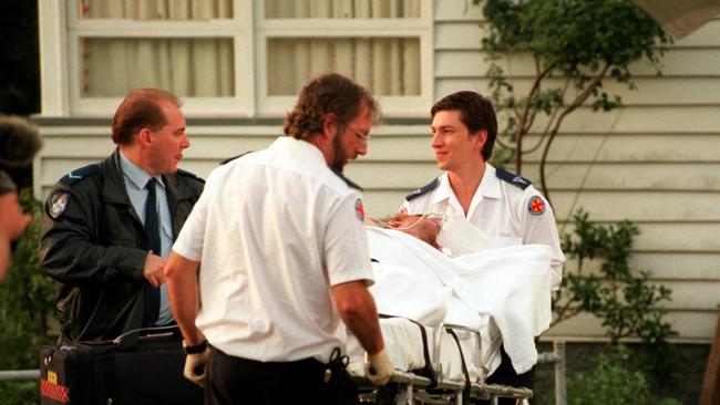 Kevin Baggott being taken to hospital after he attempted suicide.