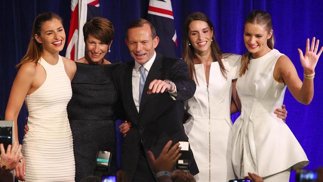 Oh what a night: newly elected prime minister Tony Abbott celebrates with his family on September 7, 2013 after his landslide victory over Kevin Rudd.