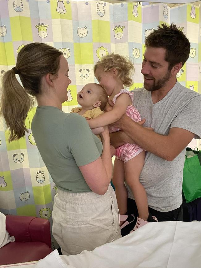 Leech family after Hugh's surgery with sister Maya cuddling him. Picture: Supplied by family