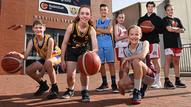 SA Junior Basketball Championships players (from left) Thomas Zilm (Forestville), Summer Bland (Southern), Vincent Zaitidis (Sturt), Hayley Real (North), Gracie Lloyd (Eastern), Jackson Haren and Casey Real (both North). Picture: Keryn Stevens