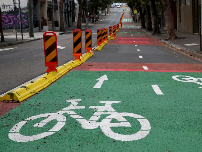 The City of Sydney has turned a bus lane into a bike lane on Fitzroy St in Surry Hills in a bid to get more commuters on bikes and off public transport. Picture: Toby Zerna