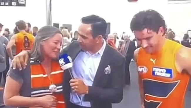 Toby Bedford, his mum Mel and Eddie Betts on Fox Footy.