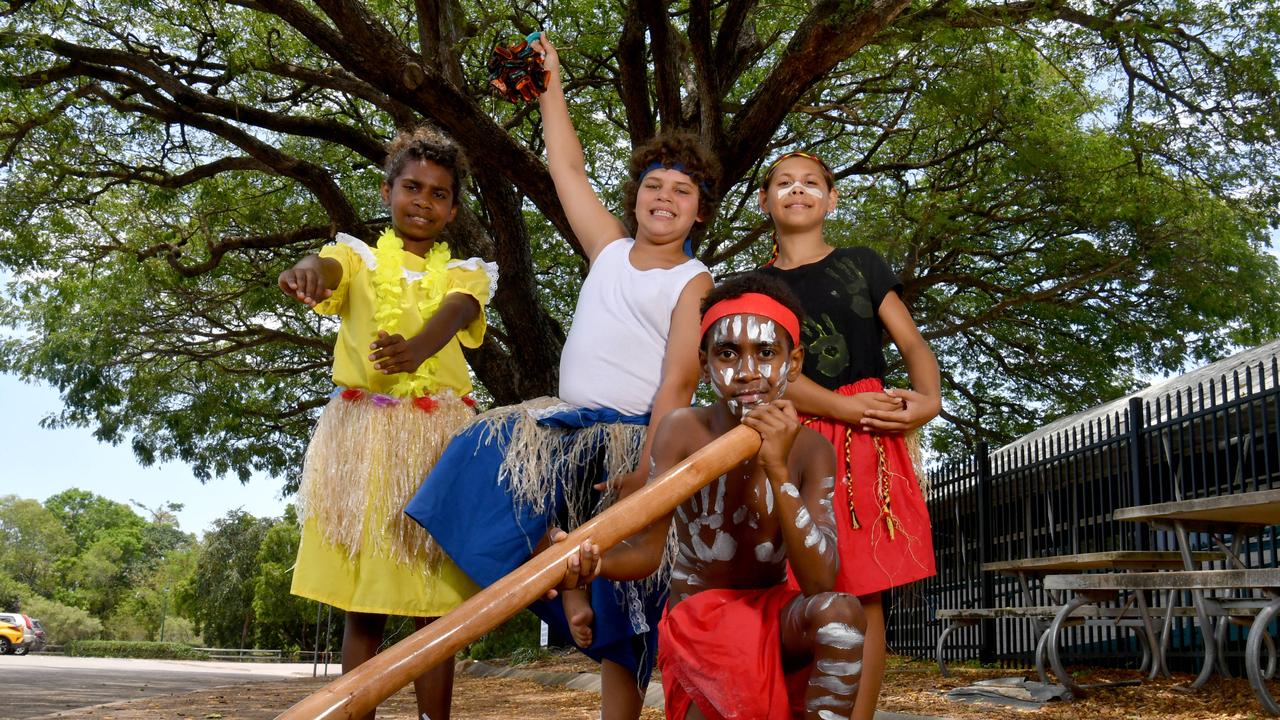 Weir State School Weir Indigenous Didgeridroo and Dance Academy members James Akiba, 10, (front) with Trishna Solomon, 10, Tyce Marou, 9, and Torah Parker, 10. Picture: Evan Morgan