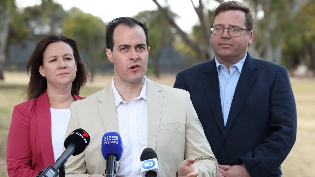 NEWS ADV, Leader of the Opposition Leader Vincent Tarzia on Sunday, flanked by upper house Liberal Heidi Girolamo and Deputy Liberal leader John Gardner, at Pavana Reserve, Hallett Cove, Image/Russell Millard Photography