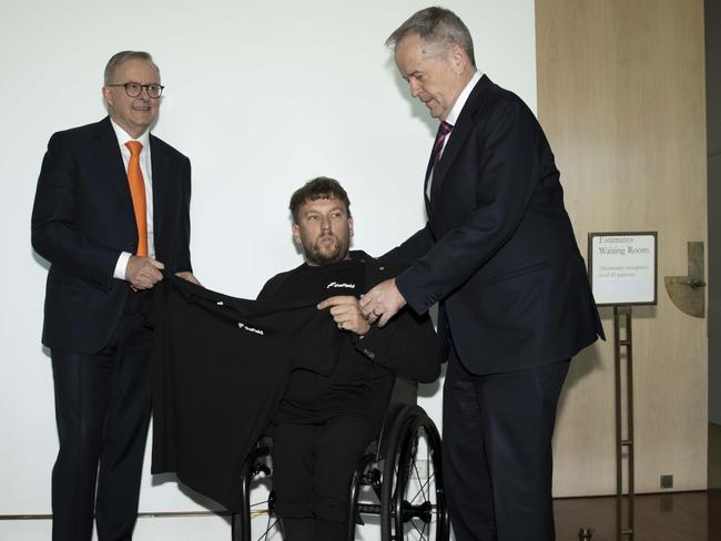 CANBERRA, AUSTRALIA - NewsWire Photos NOVEMBER 09, 2022: Prime Minister, Anthony Albanese with the Minister for the National Disability Insurance Scheme, Bill Shorten, to launch Ã¢â¬ËThe FieldÃ¢â¬â¢ website with Dylan Alcott.Picture: NCA NewsWire / Gary Ramage