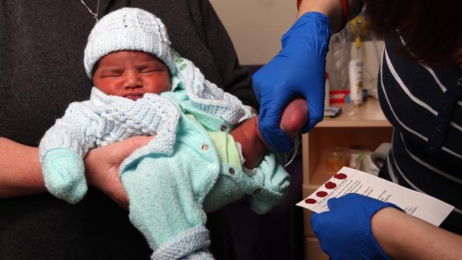 Newborns will now be screened for two additional life-threatening conditions thanks to new bloodshot tests at the Victorian Clinical Genetics Services. Picture: Alex Coppel.