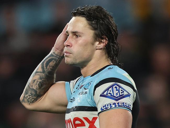 SYDNEY, AUSTRALIA - SEPTEMBER 28:  Nicho Hynes of the Sharks reacts after losing the NRL Preliminary Final match between the Penrith Panthers and the Cronulla Sharks at Accor Stadium on September 28, 2024 in Sydney, Australia. (Photo by Mark Metcalfe/Getty Images)