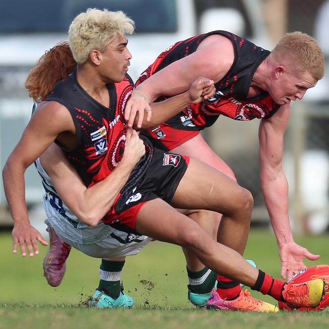 Kyabram’s Reuben Rode gets his boot to the ball.