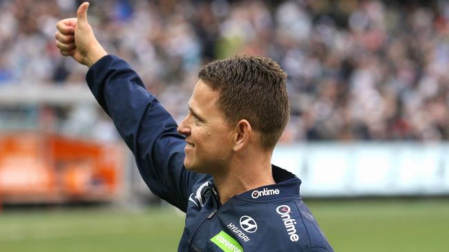 Carlton coach Brendon Bolton gives Blues fans the thumbs up after beating Collingwood. Picture: Wayne Ludbey