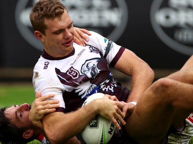 SYDNEY, AUSTRALIA - JUNE 16: Tom Trbojevic of the Sea Eagles scores a try during the round 14 NRL match between the Manly Sea Eagles and the St George Illawarra Dragons at Lottoland on June 16, 2019 in Sydney, Australia. (Photo by Cameron Spencer/Getty Images)