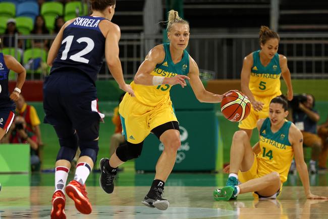 RIO DErin Phillips #13 of Australia dribbles up the court in front of Gaelle Skrela #12 of France in the Women's Preliminary Round Group A match between Australia and France on Day 4 of the Rio 2016 Olympic Games at Youth Arena on August 9, 2016 in Rio de Janeiro, Brazil. Picture: Patrick Smith/Getty Images