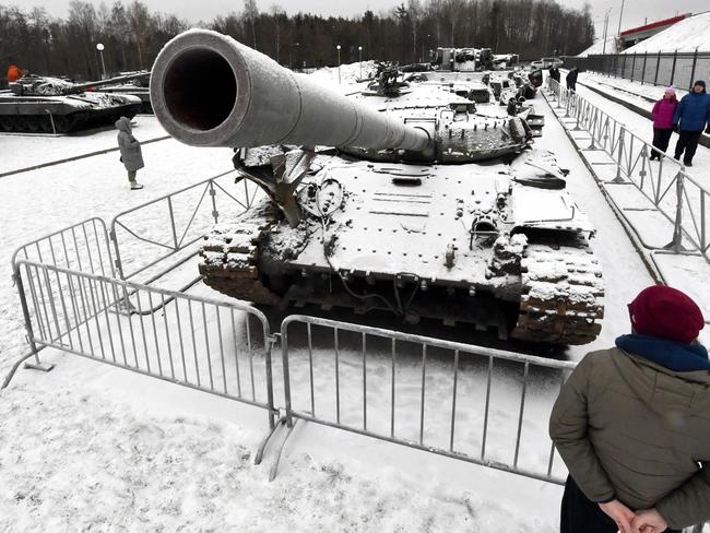 People visit an exhibition of Ukrainian military vehicles destroyed during Russia-Ukraine conflict. Picture: AFP