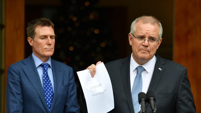 Attorney-General Christian Porter and Prime Minister Scott Morrison speak on religious freedom and gay students at a press conference at Parliament House in Canberra, Wednesday, December 5, 2018. (AAP Image/Mick Tsikas) NO ARCHIVING