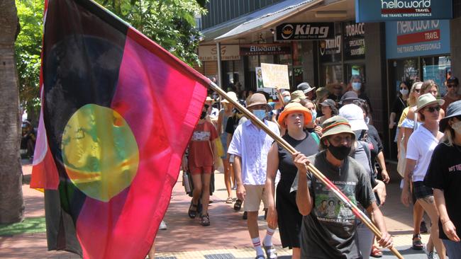 A rally in support of indigenous rights and concerns about how Australia Day is represented and celebrated was held in Lismore on January 26, 2021. Photo: Alison Paterson