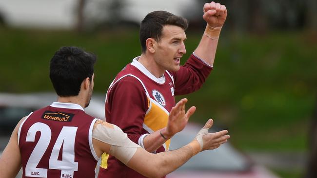 Darcy Barden celebrates a goal for Lower Plenty. Picture: Nathan McNeill.