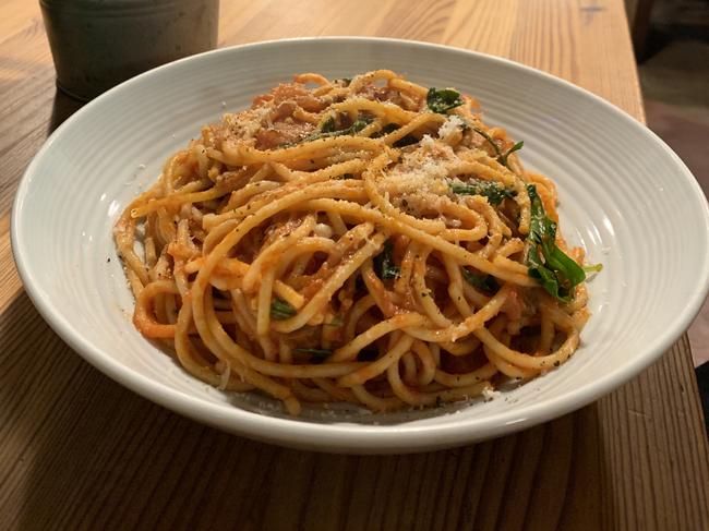 Minestra’s spaghetti with rosemary, garlic, tomato, chilli, olives and vino. Picture: Katie Spain.