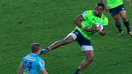 Screen grab of the Highlanders' Tevita Nabura who was sent off for this kick on the Waratahs' Cam Clark