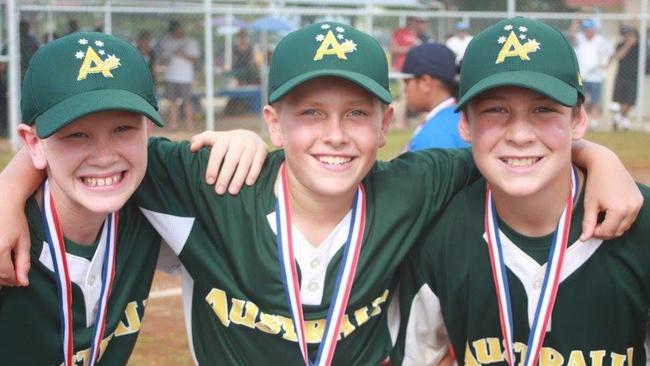 Jett Watson, Liam Padovan and Cole Buck represented Australia at the Oceania Baseball Championship, held in Guam from January 12-17. Picture: Supplied